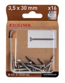 Medsraigčiai KOELNER, 3,5 x 30 mm, įleidžiama galva, nerūd. plieno A2, 16 vnt., PZ