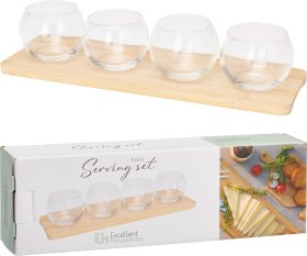 Serviravimo indų rinkinys, 4 vnt. stiklinių indelių ir bambukinis padėklas