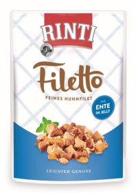Konservuotas šunų ėdalas RINTI Filetto, su vištiena ir antiena, maišelyje, 100g