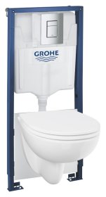 Klozeto komplektas GROHE SOLIDO 5-in-1 BAU CERAMIC: rėmas GROHE Rapid SL, klozetas Grohe Bau Ceramic, mygtukas Grohe Even, chromo sp., laikikliai ir garso izoliacijos tarpinė, 112957SH00