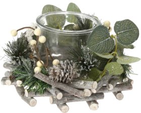Kalėdinė žvakidė su vainiku, 10 cm skersmens žvakei, baltos sp.