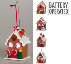 Eglutės žaisliukas Namas su LED, 4 skirtingi dizainai, 6 x 6 x 10 cm, 3 x LR44/AG13 baterijos komplekte