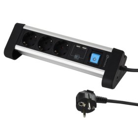 Ilgiklis ELECTRALINE DESK ALUMINIUM PRO-LINE, 3 lizd. + 2 USB 2.4A, 2 m, su įž., su jungikliu, 3 x 1,5 H05VV-F, 16A, su metaliniais kraštais, juodos/metalo sp., 62553