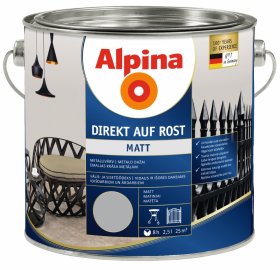 Antikoroziniai dažai ALPINA DIREKT AUF ROST, 2,5 l, matiniai, šviesiai pilkos spalvos, RAL 7001