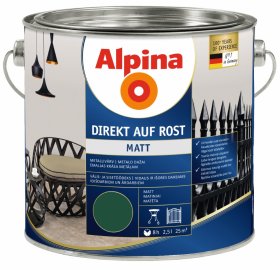 Antikoroziniai dažai ALPINA DIREKT AUF ROST, 2,5 l, matiniai, žalios spalvos, RAL 6005