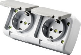 Kištukinis lizdas ORRO A550390012, 2 vietų, paviršinis, su įž., su dangteliu, su apsauga nuo vaikų, IP44, 16A 250V, pilkos spalvos, E8005-55CP