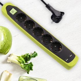 Ilgiklis ELECTRALINE, 5 lizd., 2 m, su įž., su jungikliu, 2 USB, 3 x 1,0, su apsauga vaikams, 16A, juodos-žalios sp., 62158
