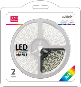 Šviesos diodų juostos komplektas AVIDE At-4281, LED 2 m, 7,2W/m, IP65, RGB, 660 lm, 5V, SMD5050, 120°, 330 lm/m, juoda juosta, valdymo blokas, USB, tinka TV pašvietimui