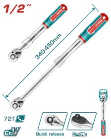 Terkšlinė rankena galvutėms TOTAL, ištraukiama, Cr-V+Cr-Mo, 1/2" 72T, 320-450 mm, THT106128L
