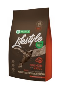 Sausas ėdalas katėms NATURE'S PROTECTION LIFESTYLE, suaugusių sterilizuotų kačių, begrūdis, su lašiša ir kriliu, 1,5kg