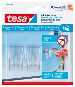 Klijuojami kabliukai TESA 77735, 2 vnt. x 1 kg, skaidrūs kabliukai DECO, skirti iki 1 kg svorio kabinti, komplekte 4 dvipusio lipnumo juostelės