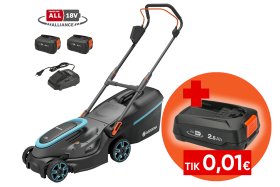 Akumuliatorinė vejapjovė GARDENA PowerMax 37/36V P4A , 36 V, pjovimo plotis 37 cm, rinktuvo talpa 45 l, 15,1 kg. Komplekte 2 x 4.0 Ah akumuliatoriai ir pakrovėjas