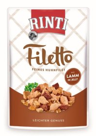 Konservuotas šunų ėdalas RINTI Filetto, su vištiena ir ėriena, maišelyje, 100g