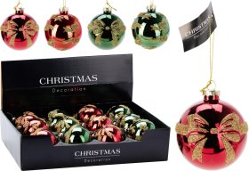 Eglutės žaisliukas, stiklas, 2 skirtingos sp., kiekviena spalva 2 dizainai (su dideliu kaspinu arba daug mažų kaspinėlių), skersmuo 8 cm