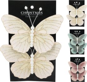 Kalėdinė dekoracija Drugelis, 2 vnt., su segtuku,  poliesteris ir polietilenas, 3 skirtingos sp., 13 x 9 x 1,5 cm