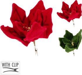 Kalėdinė dekoracija Gėlė, su segtuku, 2 spalvų (raudona, žalia), 30 x 30 x 10 cm