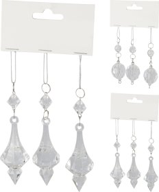 Kalėdinė dekoracija Deimantas, 3 vnt., pakabinama, skaidrios sp., 2 dizainai, 9 x 2,5 x 9 cm