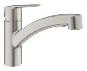 Plautuvės maišytuvas GROHE QUICKFIX START, su ištraukiamu dušeliu, nerūdijančio plieno spalva, 30307DC1