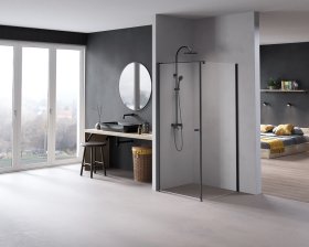 Dušo kabina HARMONY Nerea Black HAR-0063, 80 x 80 x 195 cm, kvadratinė, berėmė, juodas profilis, skaidrus 6 mm stiklas, be padėklo