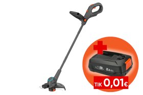 Akumuliatorinė žoliapjovė GARDENA EasyTrim 25/18V P4A Solo, pjovimo plotis: 25 cm, telesk. kotas, pasukama rankena, ratukas pjauti pakraščiams. Be akumuliatoriaus ir pakrovėjo.