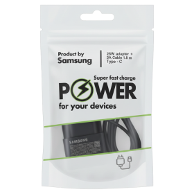 Telefono įkroviklis SAMSUNG, 25 W, adapteris ir Type-C 1.8 m laidas, juodos sp.