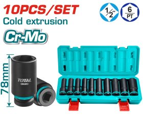 Prailgintų smūginių galvučių rinkinys TOTAL CrMo, 1/2", 10-24mm, 10 vnt., THKISD12102L