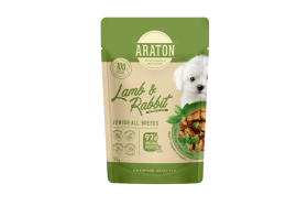 Konservuotas šunų ėdalas ARATON, visų veislių jaunų šunų šlapias pašaras su ėriena ir triušiena, 85 g