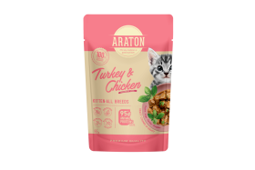 Konservuotas kačių ėdalas ARATON, visų veislių kačiukų šlapias pašaras su kalakutiena ir vištiena, 85 g