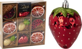 Eglutės žaisliukų Vaisiai rinkinys, 9 vnt., įvairių sp., 4 dizainai (arbūzas, apelsinas, braškė, ananasas)