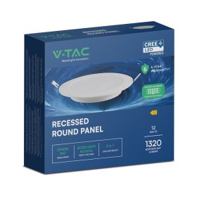 Montuojamas šviestuvas panelė V-TAC 61012RD, įleidžiama, LED, 12 W, 3000/4000/6000 K, 1320 lm, apvali, baltos sp., 170 mm skersmens