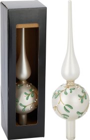 Eglutės viršūnė, stiklas, matinės baltos sp., su žalių lapų piešiniu, 8 x 8 x 30 cm