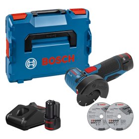 Akumuliatorinis kampinis šlifuoklis BOSCH Professional, GWS 12V-76, V-EC, 2x3.0Ah, GAL 12V-40, šlifavimo / pjovimo disko Ø 76 mm, priedai