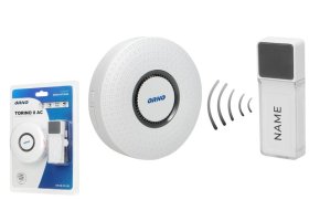 Skambutis ORNO Torino Or-Db-Fx-153, 400m, skambutis kišamas į kištukinį lizdą 230V, mygtukas bevielis IP44, 58 mel., baltos sp., 02016S