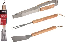 Griliaus įrankių rinkinys BBQ, (mentelė, šakutė, žnyplės), medinės rankenos, 3vnt