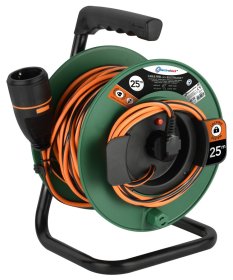 Ilgiklis ritė ELECTRALINE, 1 lizd., 25 m, su įž., 3 x 1,0, H05VV-F, 16A, kištukinis lizdas su užraktu, oranžinės/juodos sp., 49237