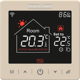 Programuojamas WiFi termostatas GRAND MEYER SN-15, 16 A, 230V, liečiamu ekranu, el. grindų šildymui, su patalpos ir grindų temperatūros jutikliu, aukso sp.