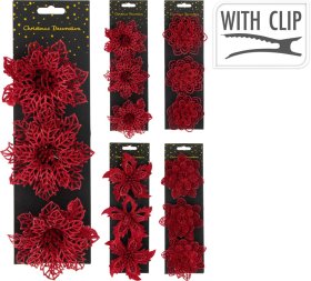 Kalėdinė dekoracija Gėlės, 3 vnt., su segtukais, raudonos sp., skirtingi dizainai, skersmuo 12 cm