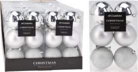 Eglutės žaisliukų rinkinys, 6 vnt., stiklas, sidabro sp., matiniai, blizgūs ir žėrintys, skersmuo 8 cm