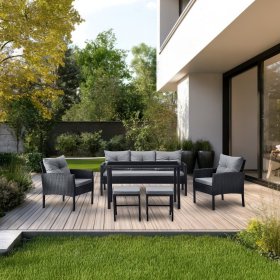 Lauko baldų komplektas ESTI ESTA COZY, 2 foteliai, trivietė sofa, 2 pufai, stalas, pilkos spalvos