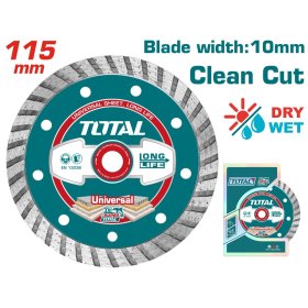 Deimantinis pjovimo diskas TOTAL, Turbo, sausam, šlapiam pjovimui, 115x22 mm, segmento plotis 7,5 mm, TAC2131153