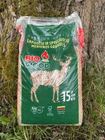 Medienos pjuvenų granulės, sertifikuotos, 6mm, 15 kg, drėgnumas < 6-8 %, peleningumas < 1 %, Kaloringumas: ~ 17,5 MJ/kg