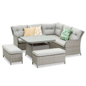Lauko baldų komplektas NOVELLY HOME Ratan HL-6S-23013, kampinė sofa, 2 suoleliai, stalas, spl. pilka
