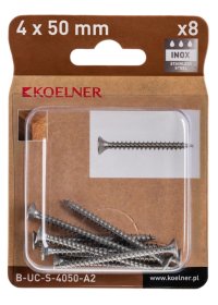 Medsraigčiai KOELNER, 4 x 50 mm, įleidžiama galva, nerūd. plieno A2, 8 vnt., PZ