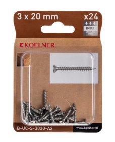 Medsraigčiai KOELNER, 3 x 20 mm, įleidžiama galva, nerūd. plieno A2, 24 vnt., PZ