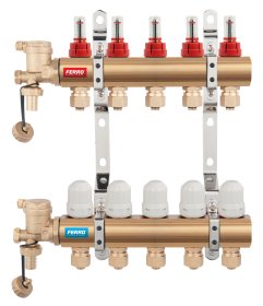 Žalvarinis grindinio šildymo kolektorius FERRO, N-RZP 1″ su srauto matuokliais, termostatiniais vožtuvais ir 16x2 mm nipeliais, 12 žiedų, N-RZP12S