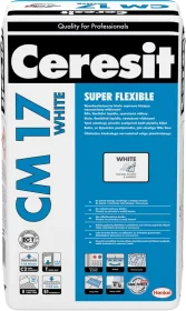 Plytelių klijai CERESIT CM17 WHITE SUPER FLEXIBLE balti, vidaus ir išorės darbams, 25 kg