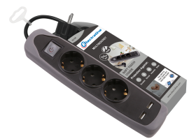 Ilgiklis ELECTRALINE, 3 lizd., 2 m, su įž., su jungikliu, 2 USB, 3 x 1,0, su apsauga vaikams, 16A, juodos-pilkos sp., 62150