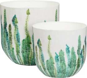 Kambarinis vazonas, baltas su žalių lapų dekoru, metalinis, 26 x 25 cm