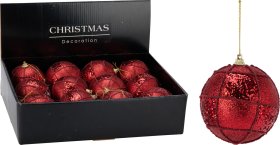 Eglutės žaisliukas, raudonos sp., su linijomis ir blizgučiais, skersmuo 8 cm.