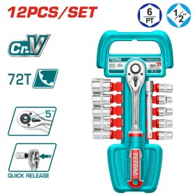 Galvučių rinkinys su terkšle TOTAL, CR-V(50BV30), 1/2", 12 vnt., THT141121